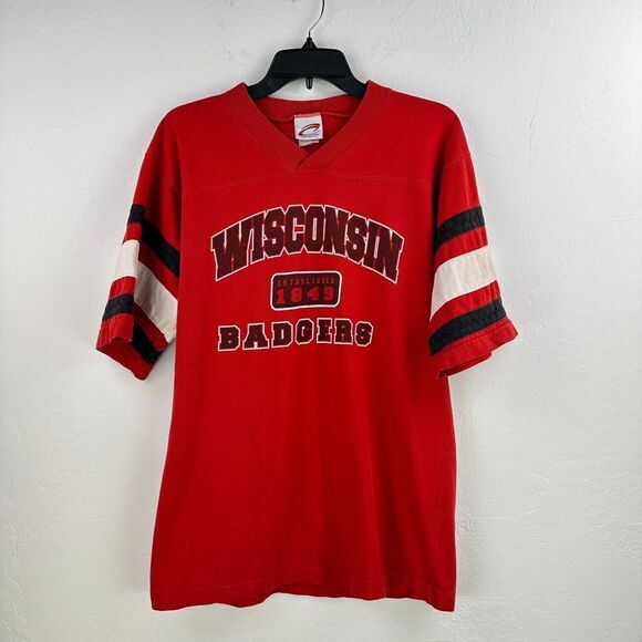 Vintage Cadre Athletic shirt Mens L Wisconsin Badgers Red Black Cotton‎ V-neck - Picture 1 of 9